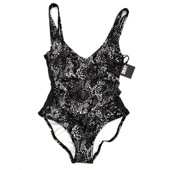 DKNY One Piece Swimsuit Snakeskin Print Mesh Side Panels Ruched Waist Size 4